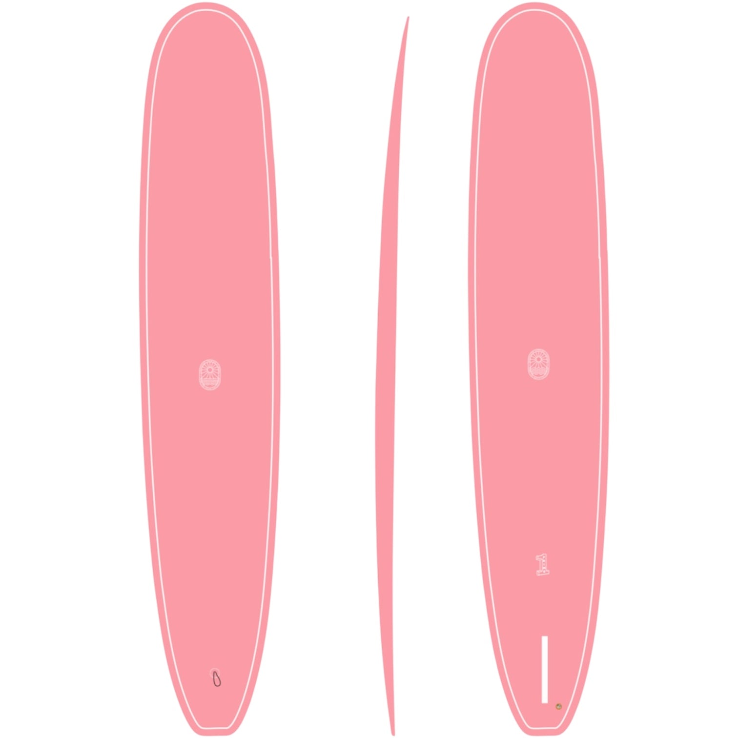 Pink surfboard from top and side views on a white background