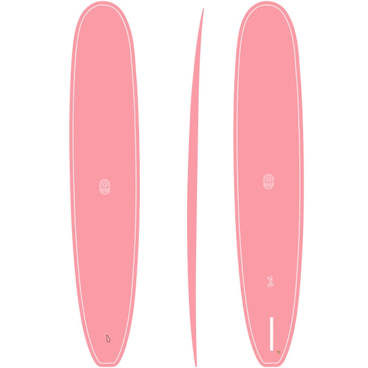 Pink surfboard from top and side views on a white background
