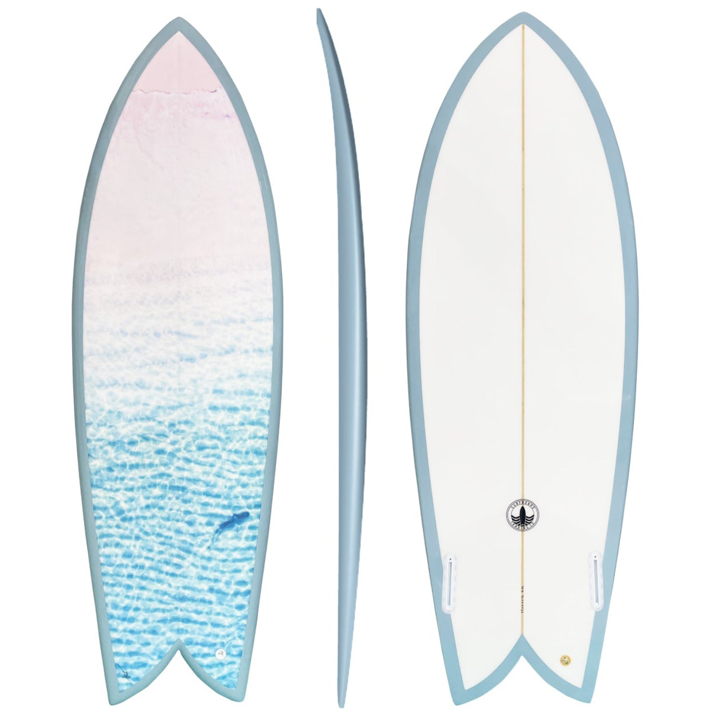 A surfboard shown from three angles: top, side, and bottom. The top view features a pastel gradient transitioning from light pink to light blue with a textured ocean wave pattern.