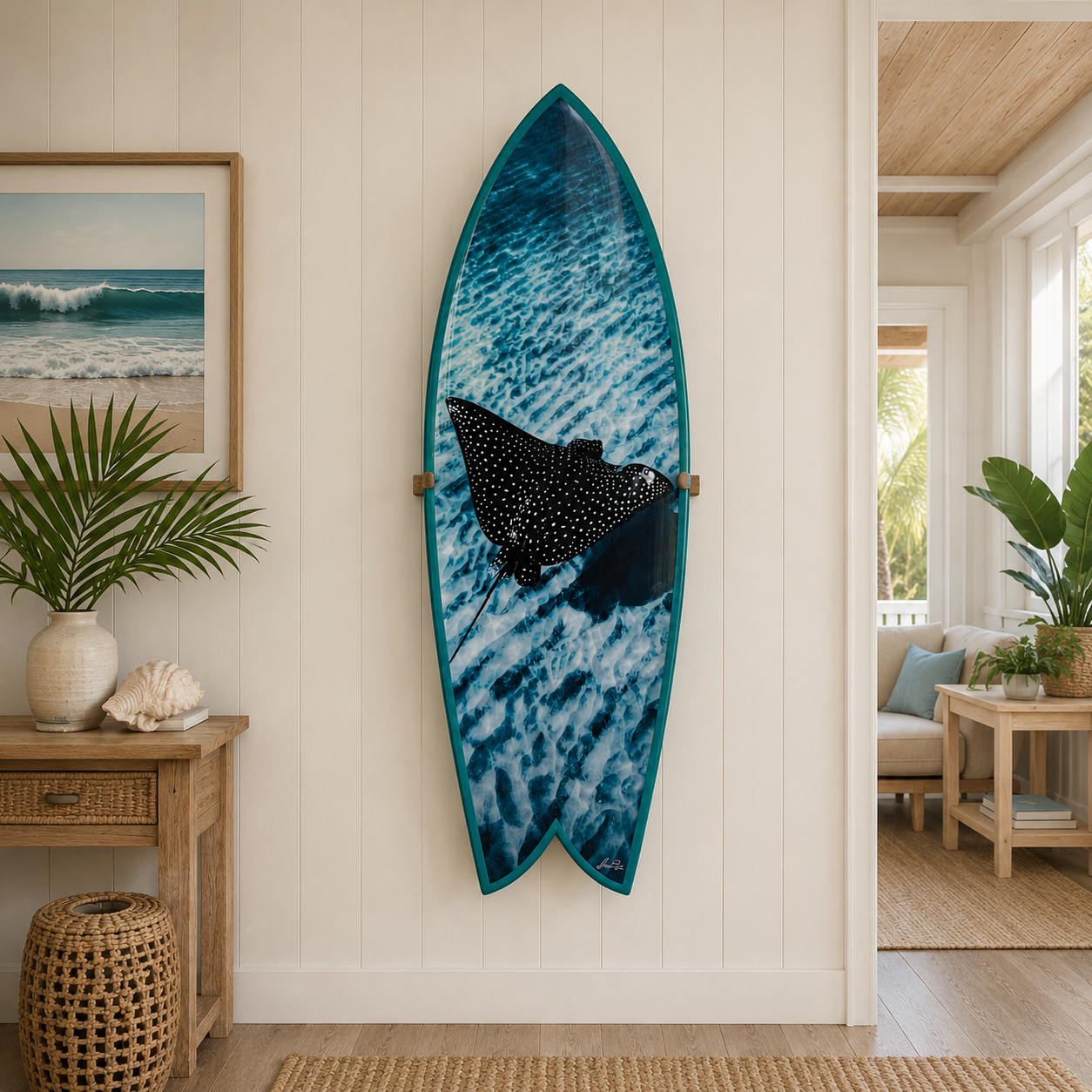 Flying Solo ocean wildlife surfboard wall art in luxury coastal interior