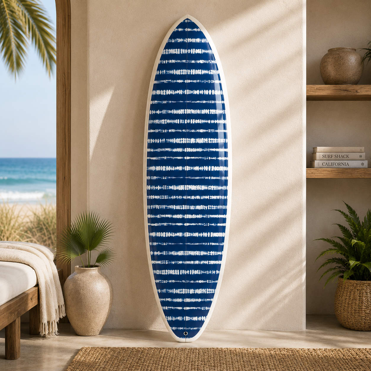 The Coastline Print designer surfboard wall art in a modern coastal interior