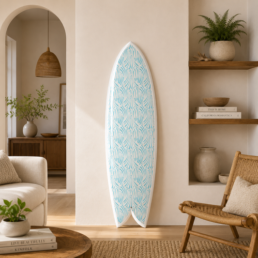 The Ocean Air Print blue and white coastal surfboard wall art in beach house interior