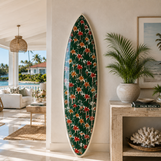 The Palm Beach Print palm tree surfboard wall art in luxury coastal home
