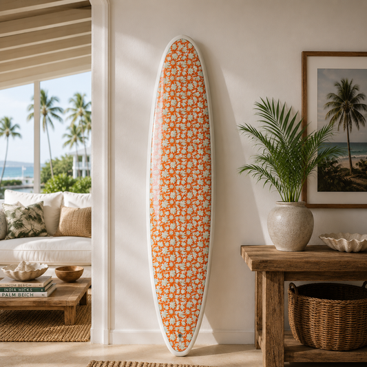 The Tangerine Tropics Print floral surfboard wall art